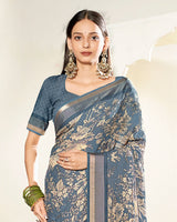 Vishal Prints Slate Grey Criva Crepe Digital Print Saree With Weaved Viscose Patta