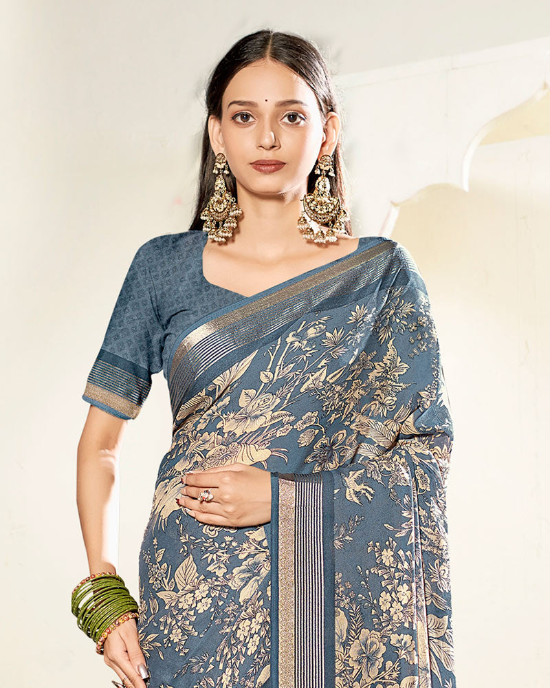 Vishal Prints Slate Grey Criva Crepe Digital Print Saree With Weaved Viscose Patta