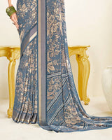 Vishal Prints Slate Grey Criva Crepe Digital Print Saree With Weaved Viscose Patta