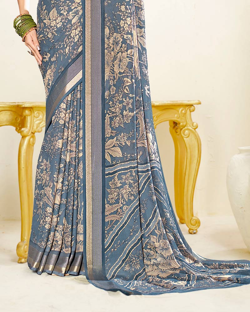 Vishal Prints Slate Grey Criva Crepe Digital Print Saree With Weaved Viscose Patta