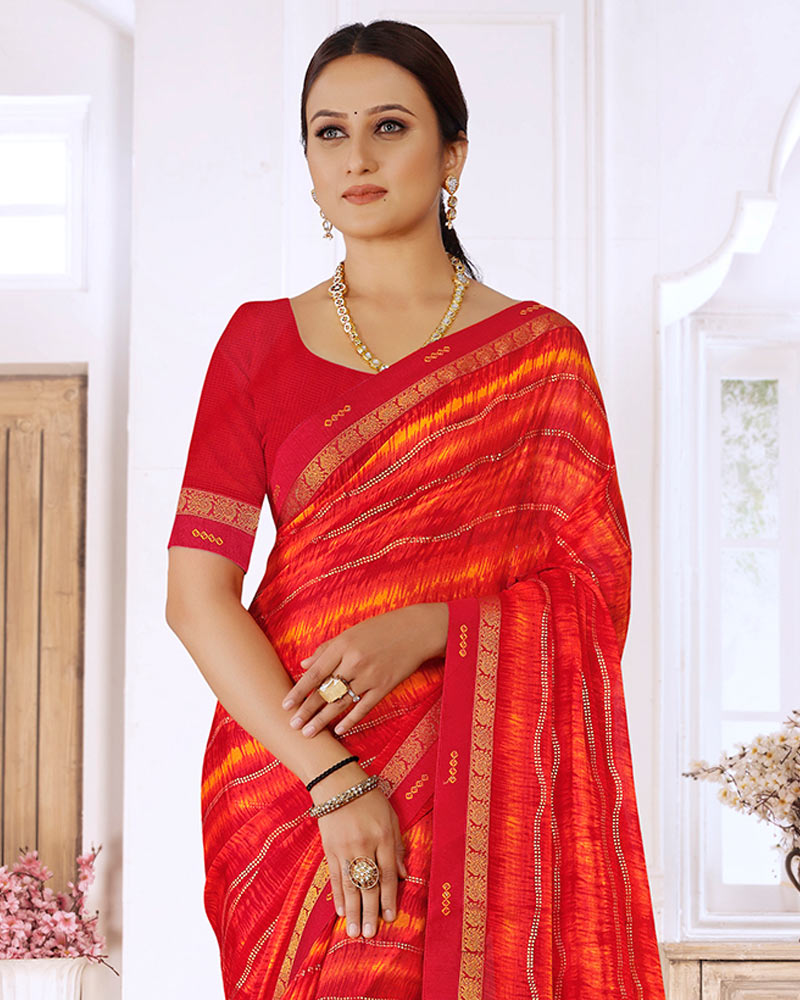 Vishal Prints Cherry Red Printed Chiffon Saree With Foil Print And Fancy Border