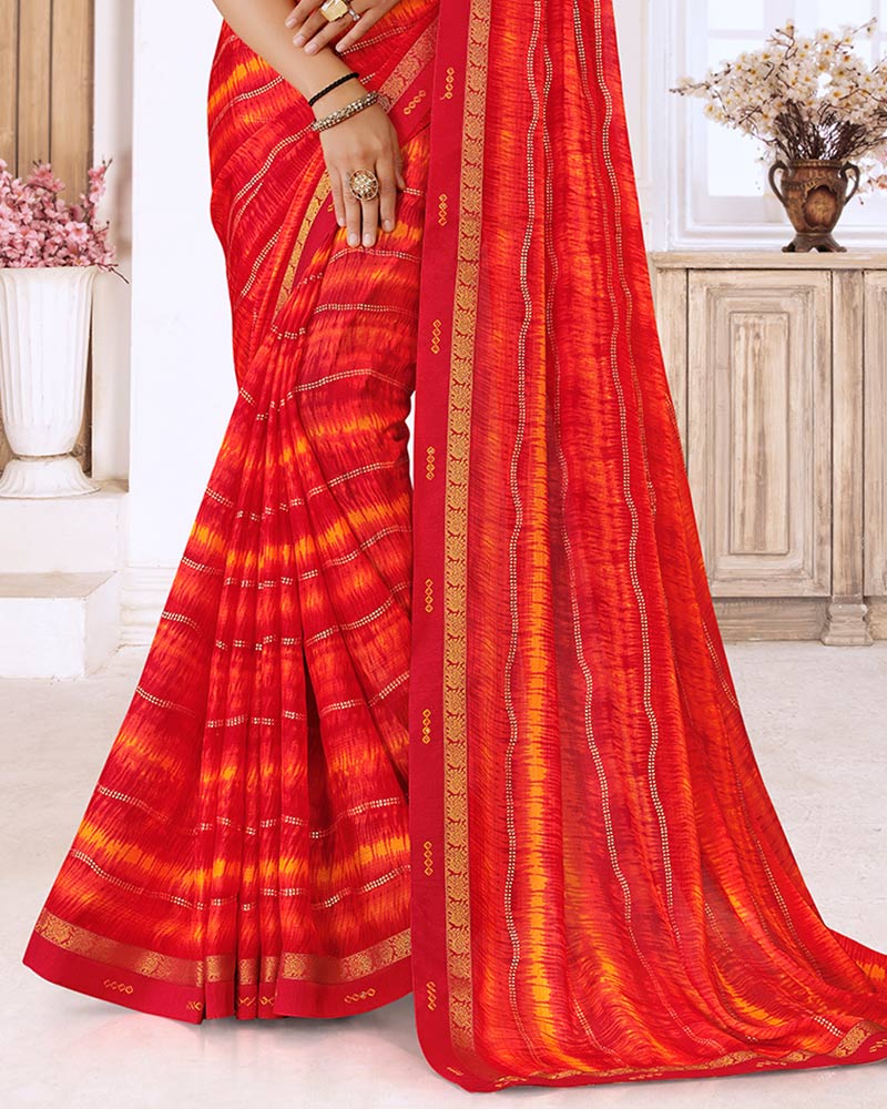 Vishal Prints Cherry Red Printed Chiffon Saree With Foil Print And Fancy Border