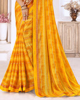 Vishal Prints Saffron Color Printed Chiffon Saree With Foil Print And Fancy Border