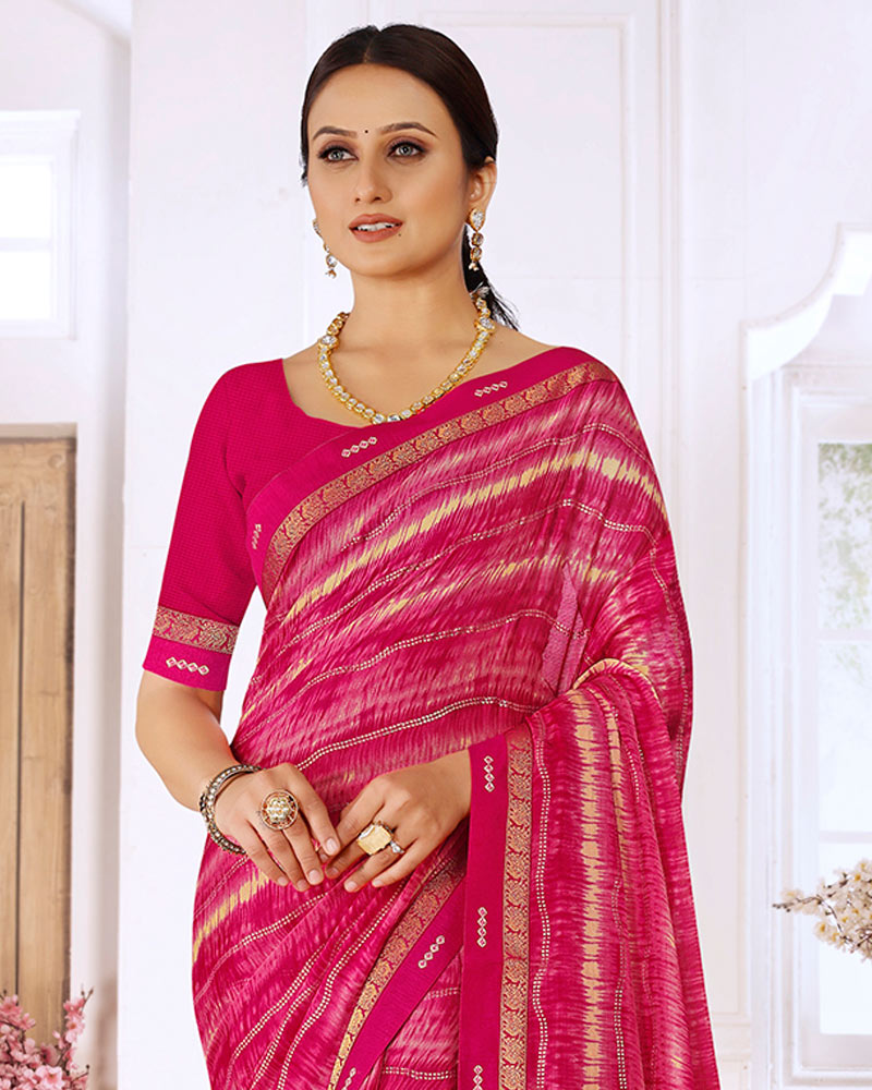 Vishal Prints Shiraz Pink Printed Chiffon Saree With Foil Print And Fancy Border