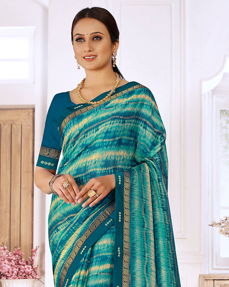 Vishal Prints Teal Blue Printed Chiffon Saree With Foil Print And Fancy Border