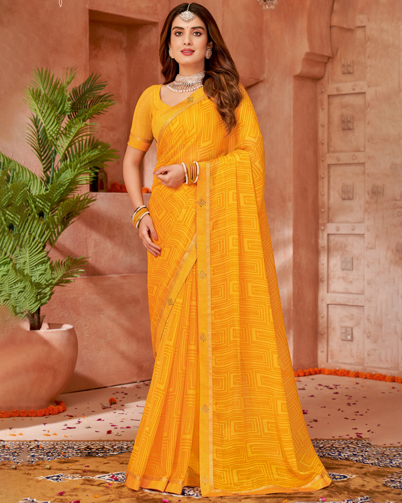 Vishal Prints Golden Yellow Printed Chiffon Saree With Fancy Border
