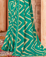 Vishal Prints Aqua Green Printed Chiffon Saree With Fancy Border