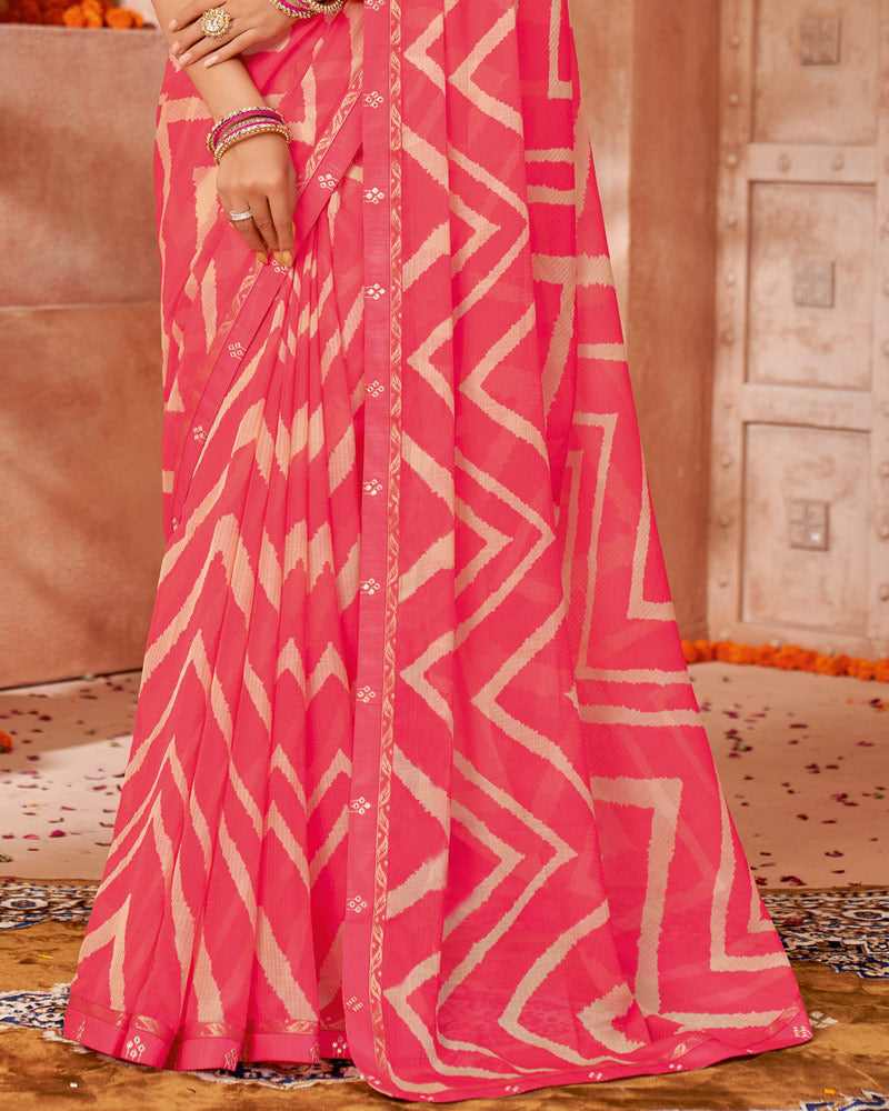 Vishal Prints Red Pink Printed Chiffon Saree With Fancy Border