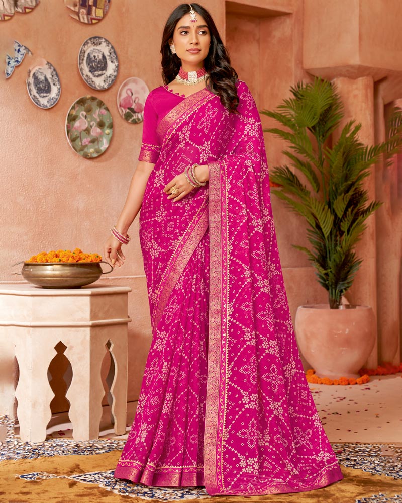 Vishal Prints Fuchsia Printed Chiffon Saree With Fancy Border