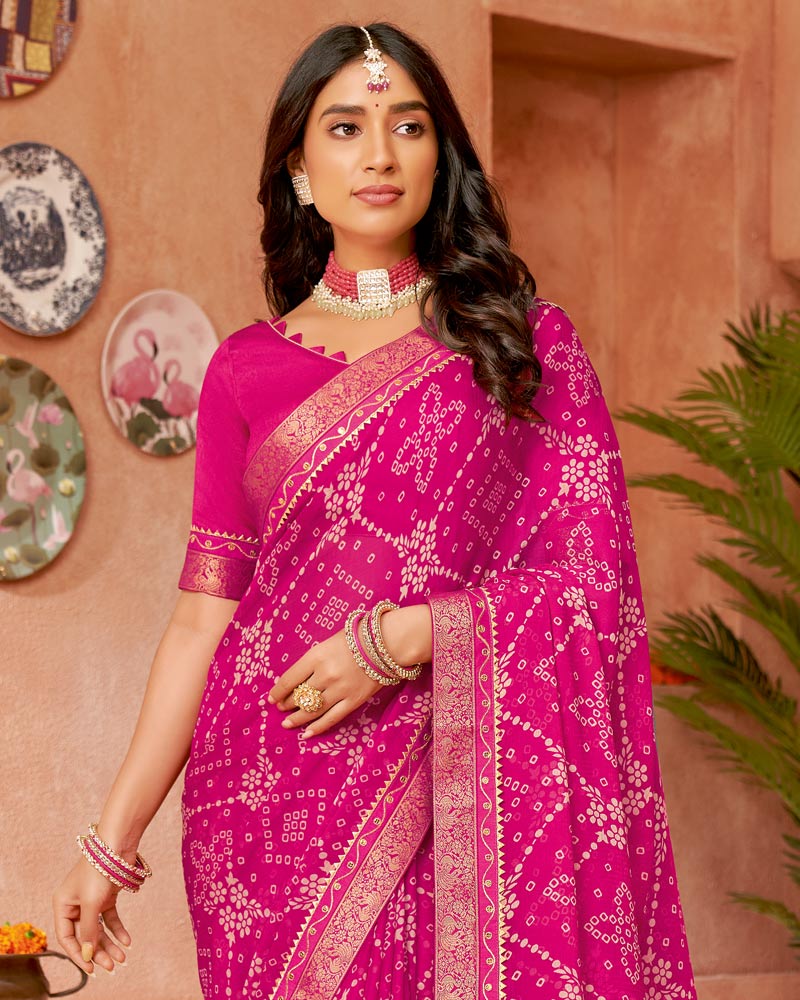 Vishal Prints Fuchsia Printed Chiffon Saree With Fancy Border