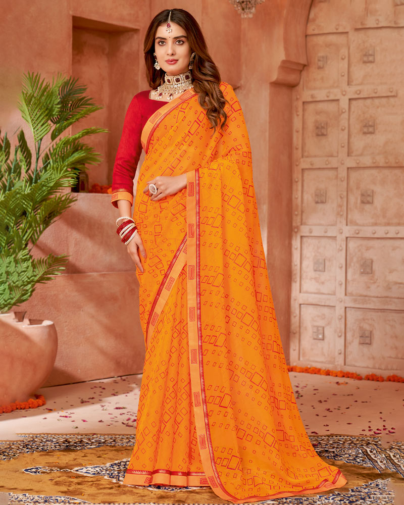 Vishal Prints Golden Yellow Printed Chiffon Saree With Fancy Border