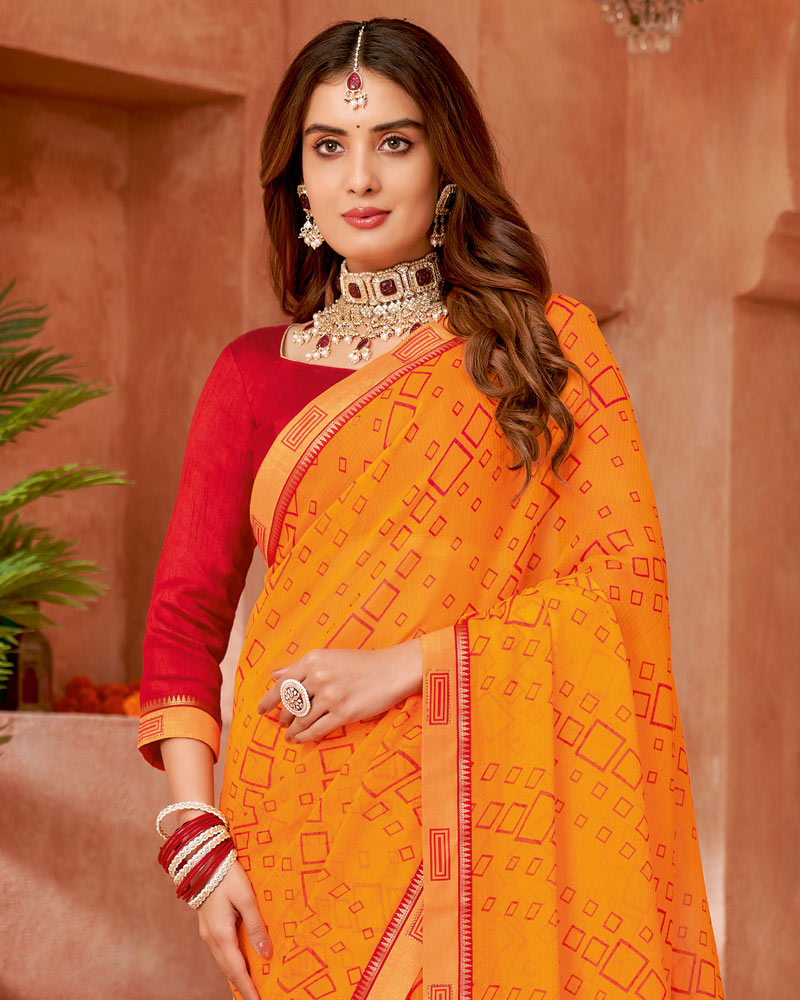 Vishal Prints Golden Yellow Printed Chiffon Saree With Fancy Border