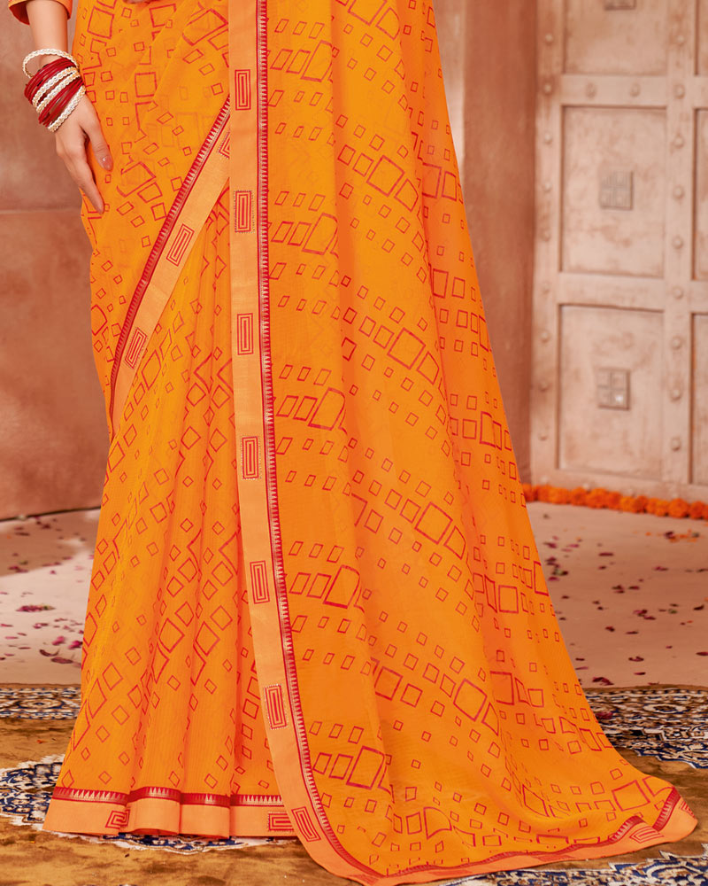 Vishal Prints Golden Yellow Printed Chiffon Saree With Fancy Border