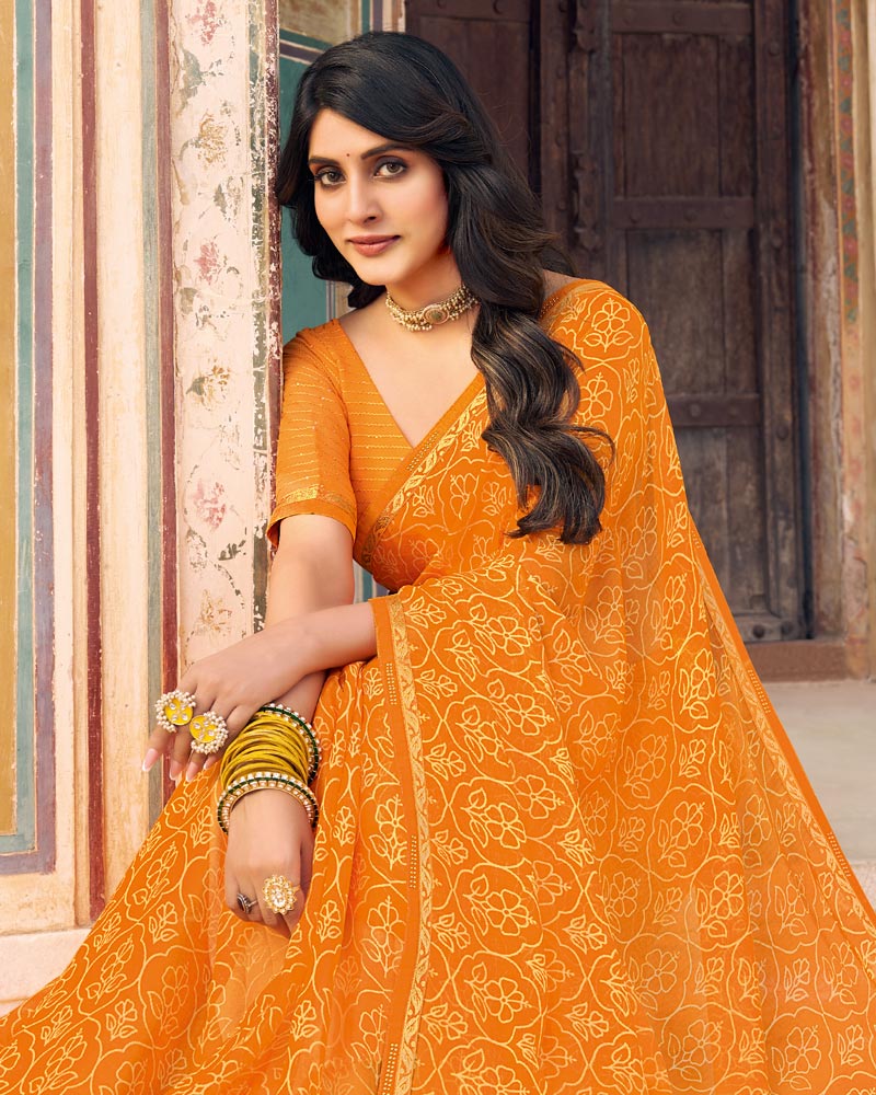 Vishal Prints Saffron Color Printed Chiffon Saree With Fancy Border