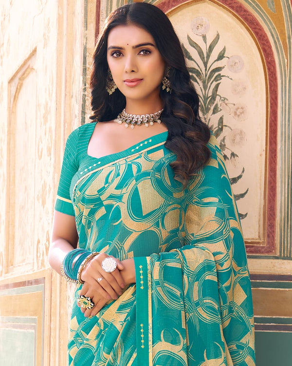 Vishal Prints Dark Turquoise Blue Printed Chiffon Saree With Fancy Border