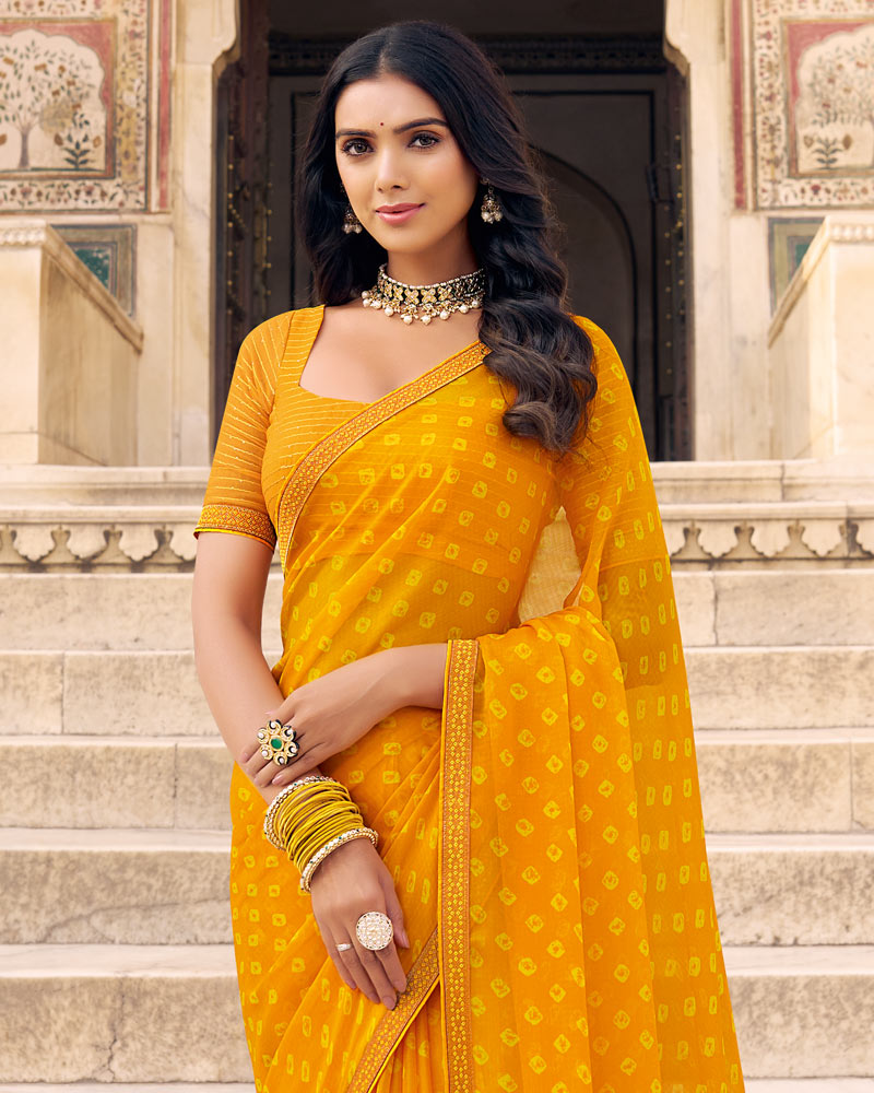 Vishal Prints Dark Yellow Printed Chiffon Saree With Fancy Border