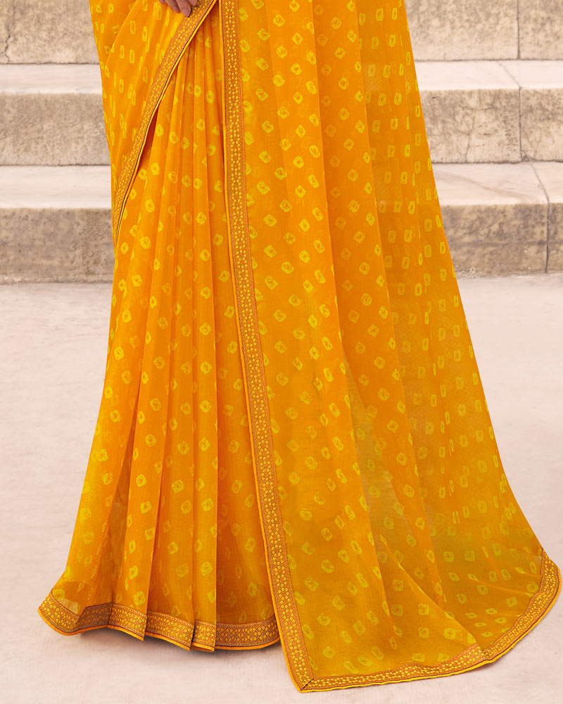 Vishal Prints Dark Yellow Printed Chiffon Saree With Fancy Border