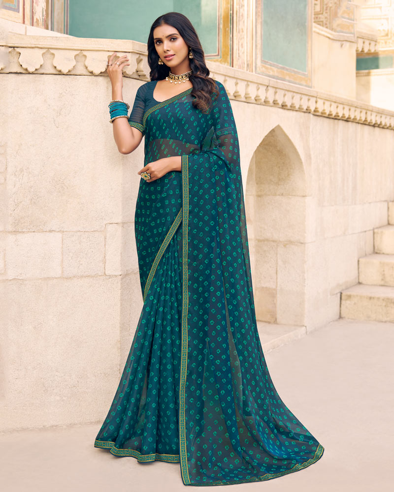 Vishal Prints Peacock Blue Printed Chiffon Saree With Fancy Border