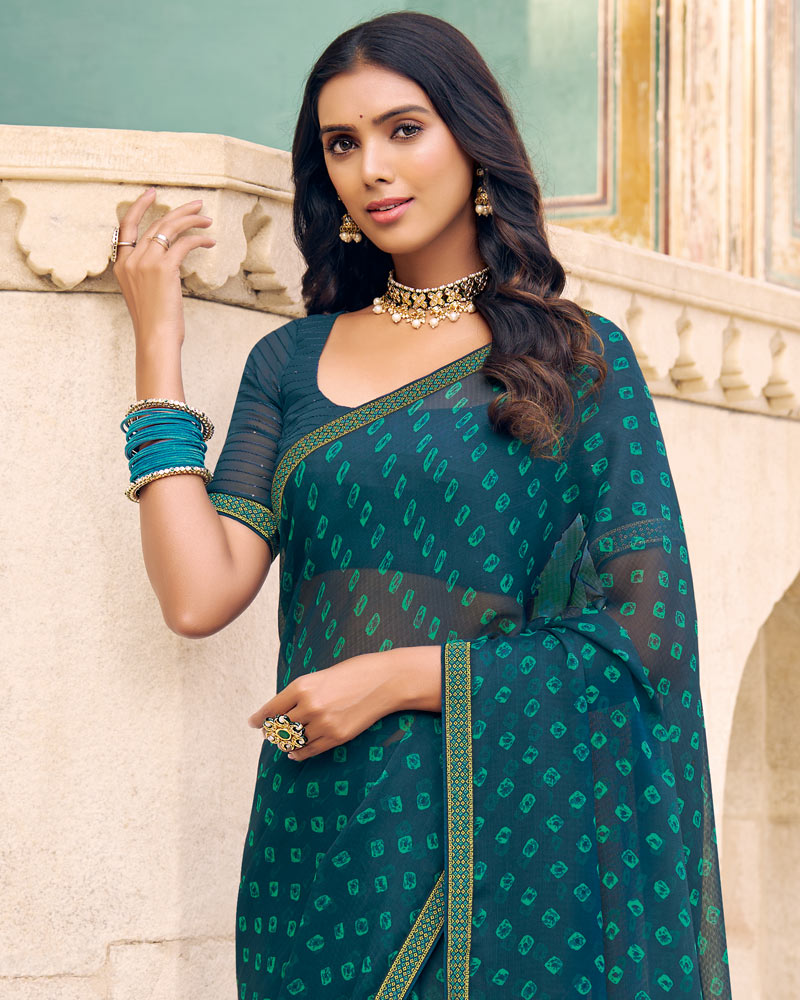 Vishal Prints Peacock Blue Printed Chiffon Saree With Fancy Border