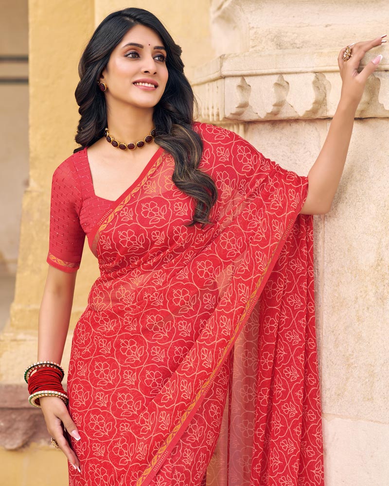 Vishal Prints Amaranth Pink Printed Chiffon Saree With Fancy Border