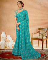 Vishal Prints Dark Turquoise Blue Printed Chiffon Saree With Fancy Border