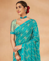 Vishal Prints Dark Turquoise Blue Printed Chiffon Saree With Fancy Border