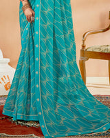 Vishal Prints Dark Turquoise Blue Printed Chiffon Saree With Fancy Border