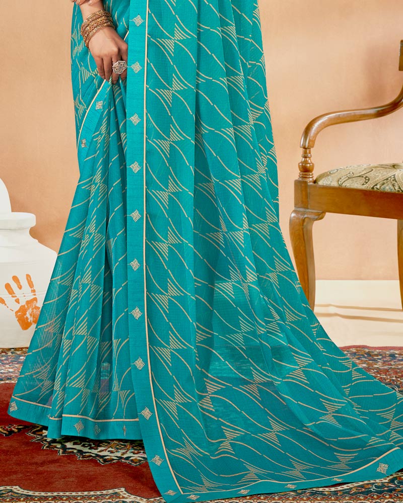 Vishal Prints Dark Turquoise Blue Printed Chiffon Saree With Fancy Border