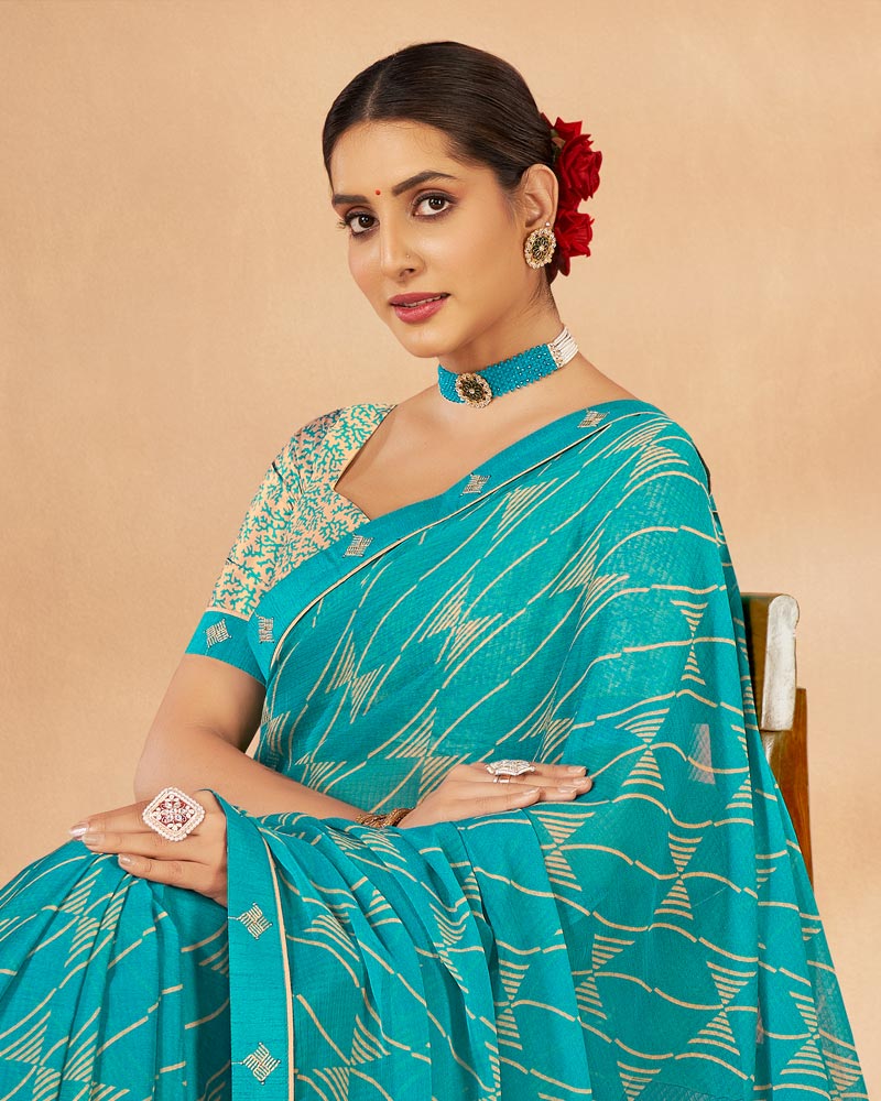 Vishal Prints Dark Turquoise Blue Printed Chiffon Saree With Fancy Border