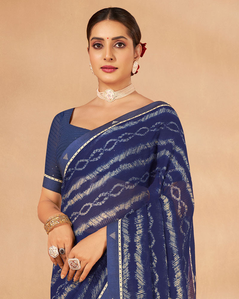 Vishal Prints Navy Blue Printed Chiffon Saree With Fancy Border