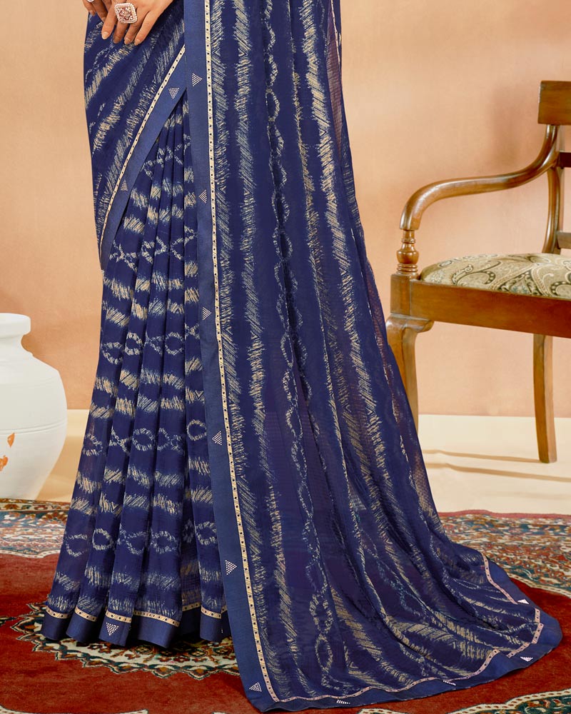 Vishal Prints Navy Blue Printed Chiffon Saree With Fancy Border