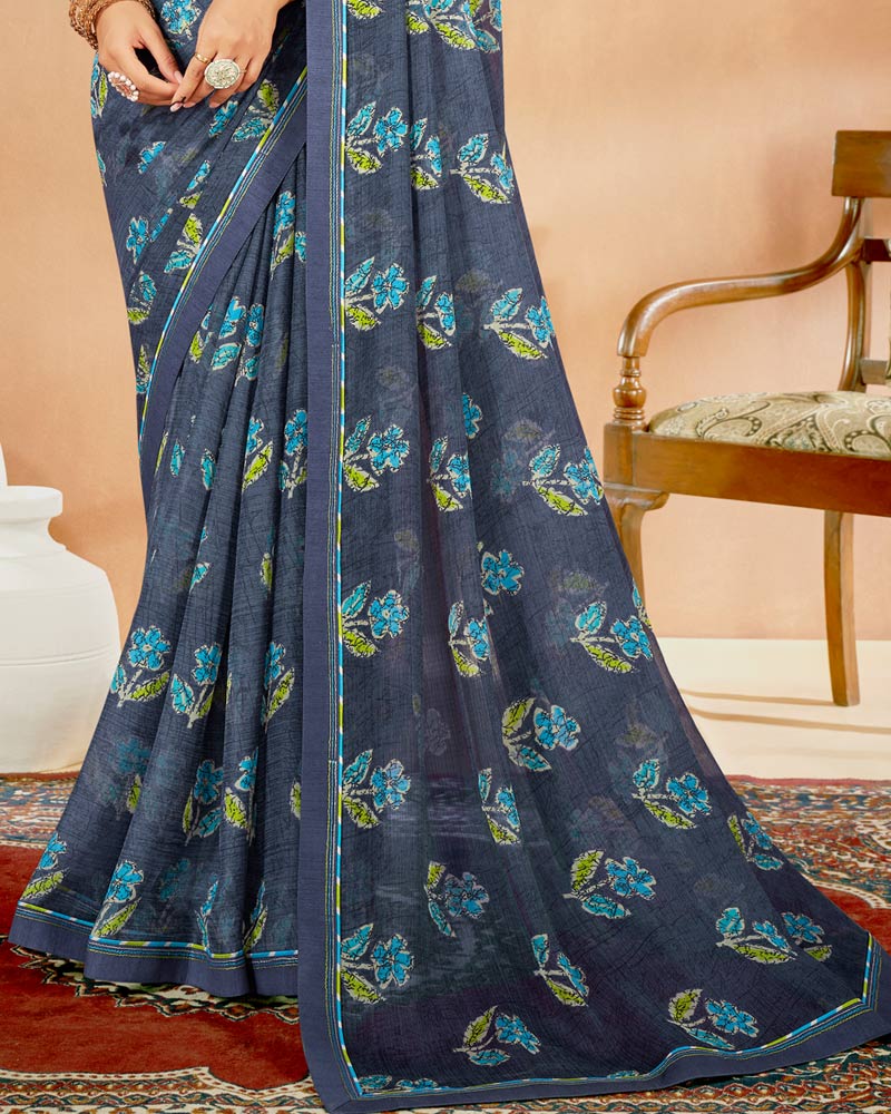 Vishal Prints Comet Grey Printed Chiffon Saree With Fancy Border