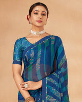 Vishal Prints Dark Aqua Blue Printed Chiffon Saree With Fancy Border