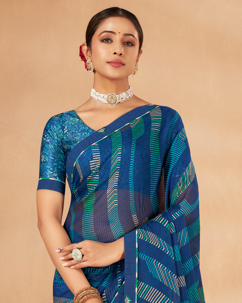 Vishal Prints Dark Aqua Blue Printed Chiffon Saree With Fancy Border