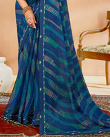 Vishal Prints Dark Aqua Blue Printed Chiffon Saree With Fancy Border