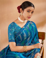 Vishal Prints Dark Aqua Blue Printed Chiffon Saree With Fancy Border