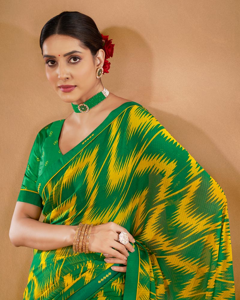 Vishal Prints Dark Green Printed Chiffon Saree With Fancy Border