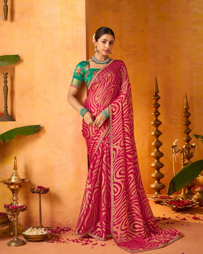 Vishal Prints Purple Red Printed Chiffon-Brasso Saree With Fancy Border
