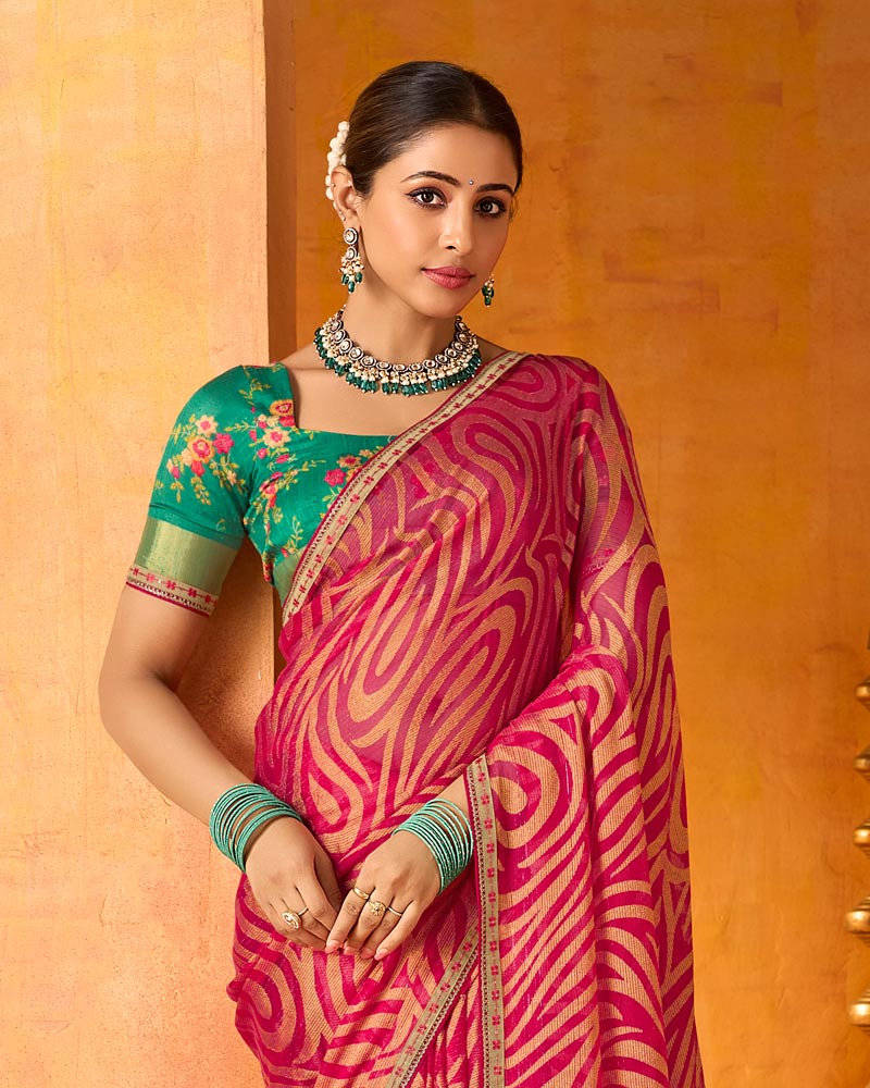 Vishal Prints Purple Red Printed Chiffon-Brasso Saree With Fancy Border