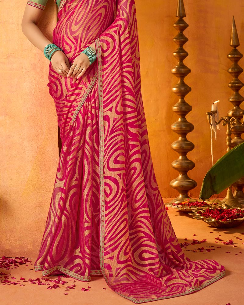 Vishal Prints Purple Red Printed Chiffon-Brasso Saree With Fancy Border
