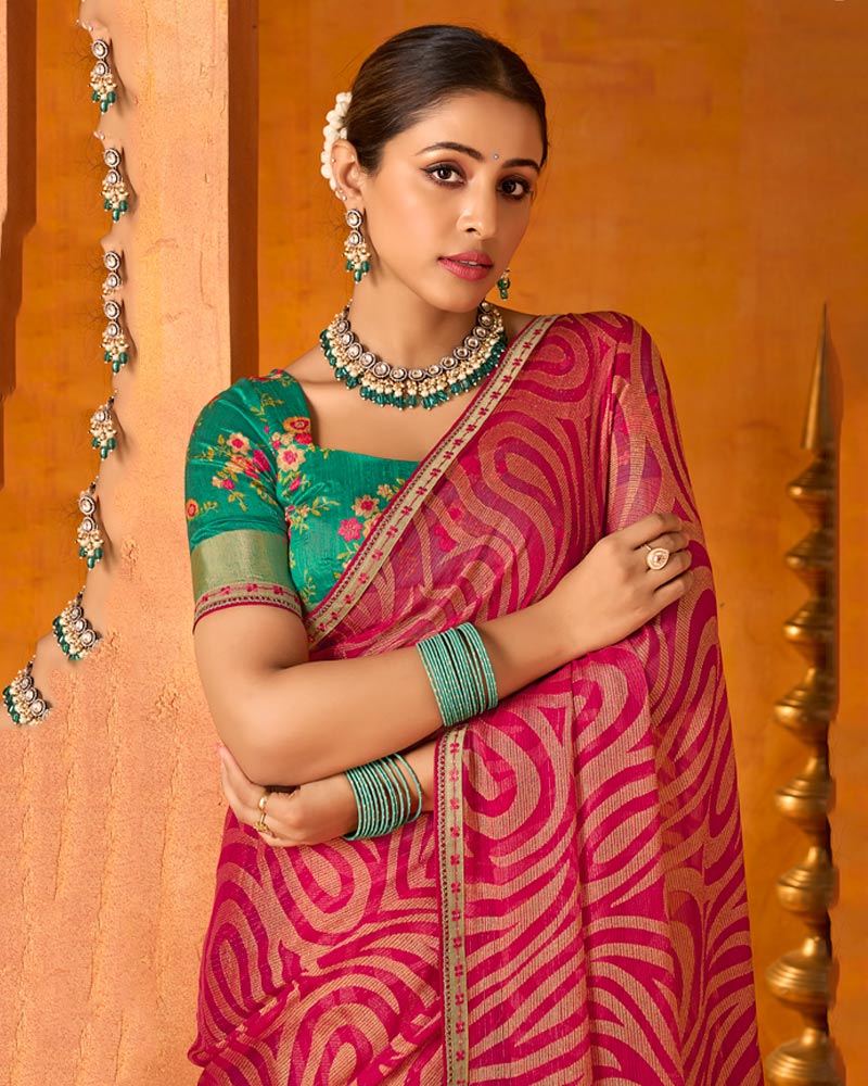 Vishal Prints Purple Red Printed Chiffon-Brasso Saree With Fancy Border