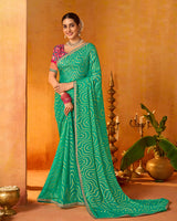 Vishal Prints Persian Green Printed Chiffon-Brasso Saree With Fancy Border