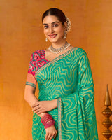 Vishal Prints Persian Green Printed Chiffon-Brasso Saree With Fancy Border