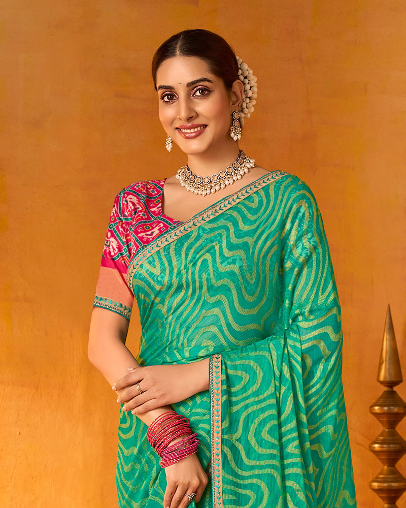 Vishal Prints Persian Green Printed Chiffon-Brasso Saree With Fancy Border