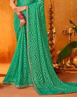 Vishal Prints Persian Green Printed Chiffon-Brasso Saree With Fancy Border