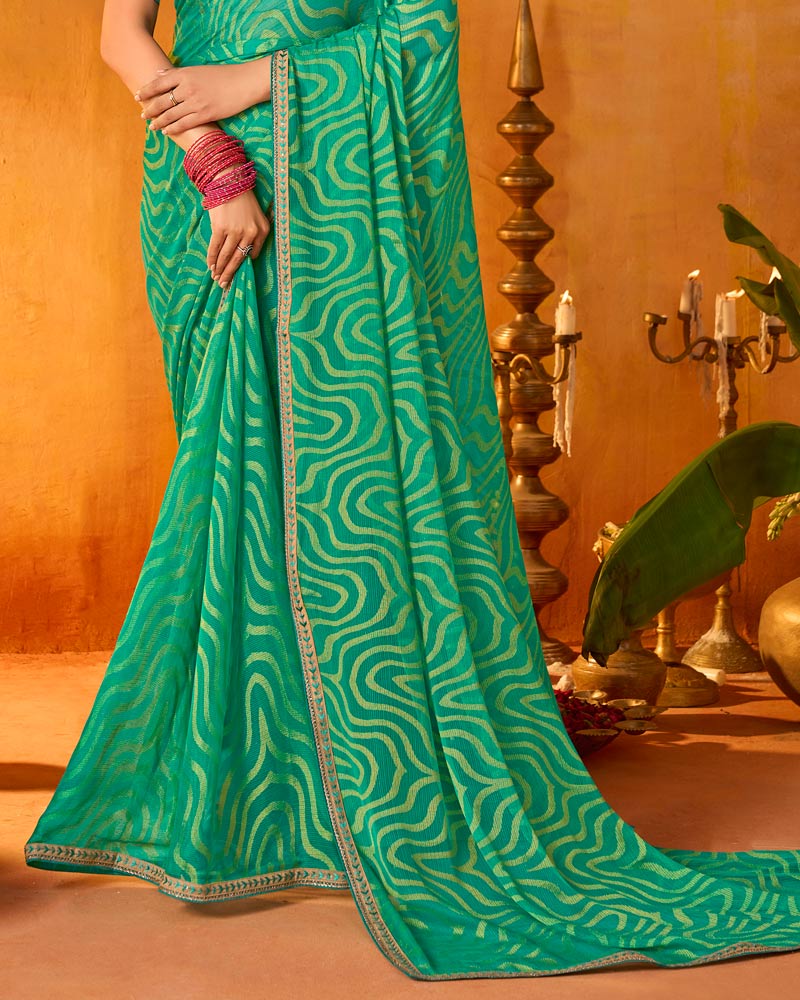 Vishal Prints Persian Green Printed Chiffon-Brasso Saree With Fancy Border
