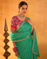 Vishal Prints Persian Green Printed Chiffon-Brasso Saree With Fancy Border