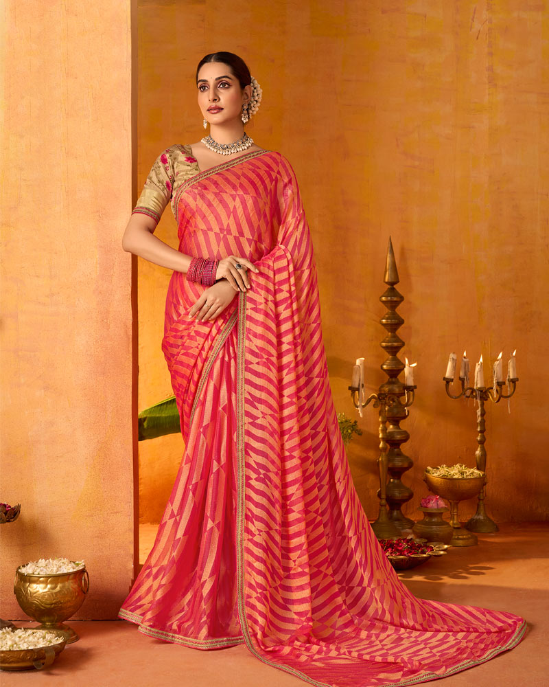 Vishal Prints Watermelon Pink Printed Chiffon-Brasso Saree With Fancy Border