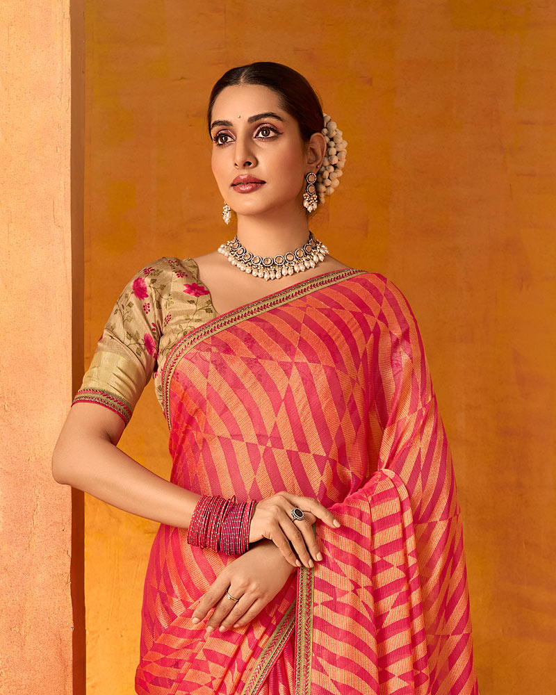 Vishal Prints Watermelon Pink Printed Chiffon-Brasso Saree With Fancy Border