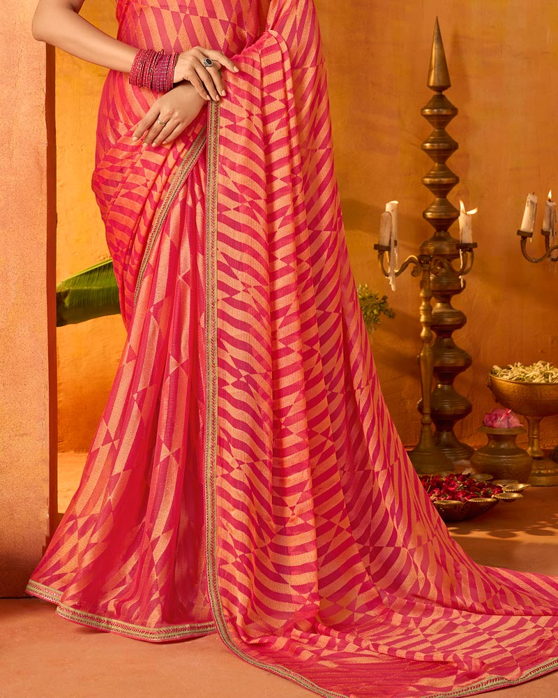 Vishal Prints Watermelon Pink Printed Chiffon-Brasso Saree With Fancy Border